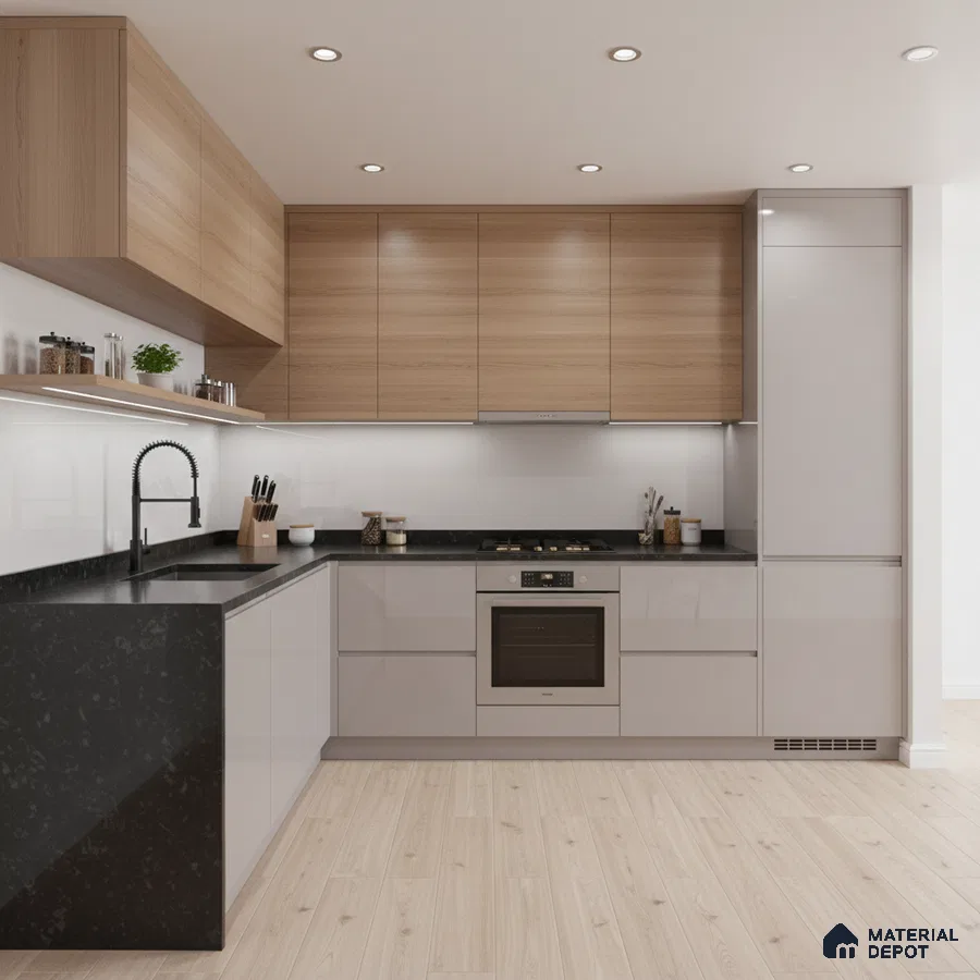 Modern kitchen with light oak wood laminate, glossy beige laminate, and black quartz countertop in Bengaluru