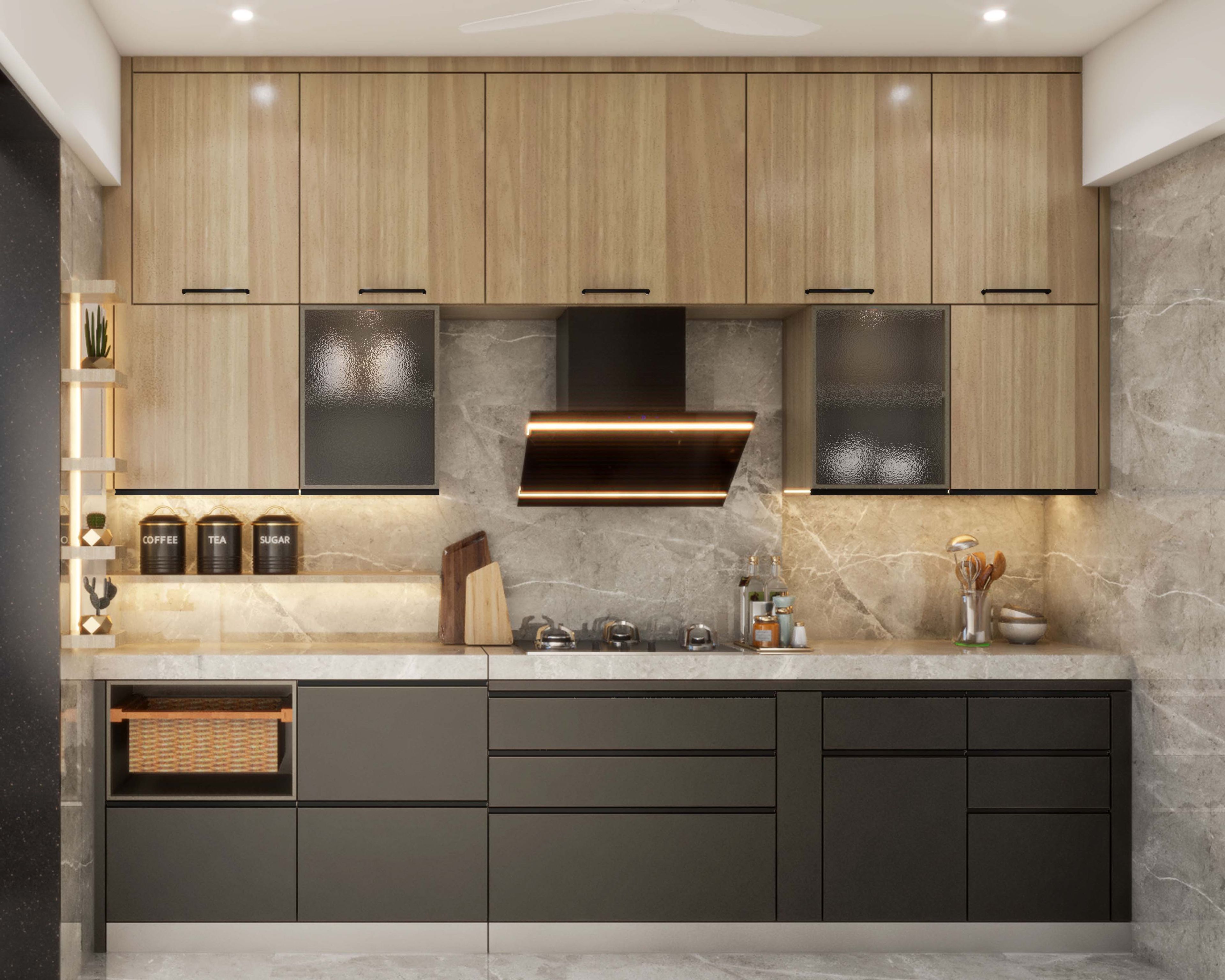 Modern kitchen with light oak wood laminate, matte charcoal laminate, and grey marble backsplash in Bengaluru | Material Depot