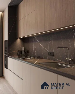 Modern kitchen with light wood laminate, beige laminate base cabinets, and dark marble-look backsplash and countertop in Bengaluru | Material Depot