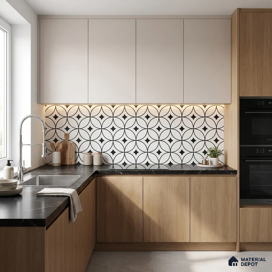 Modern kitchen with light wood laminate, black marble countertop, and geometric patterned backsplash tiles