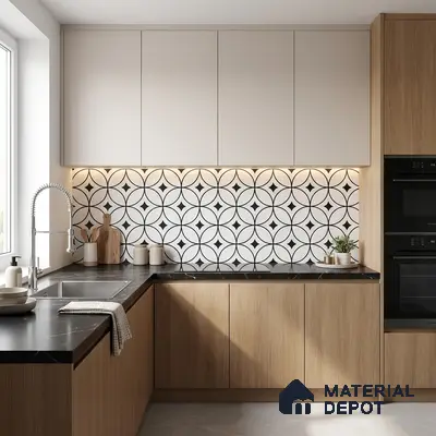 Modern kitchen with light wood laminate, black marble countertop, and geometric patterned backsplash tiles