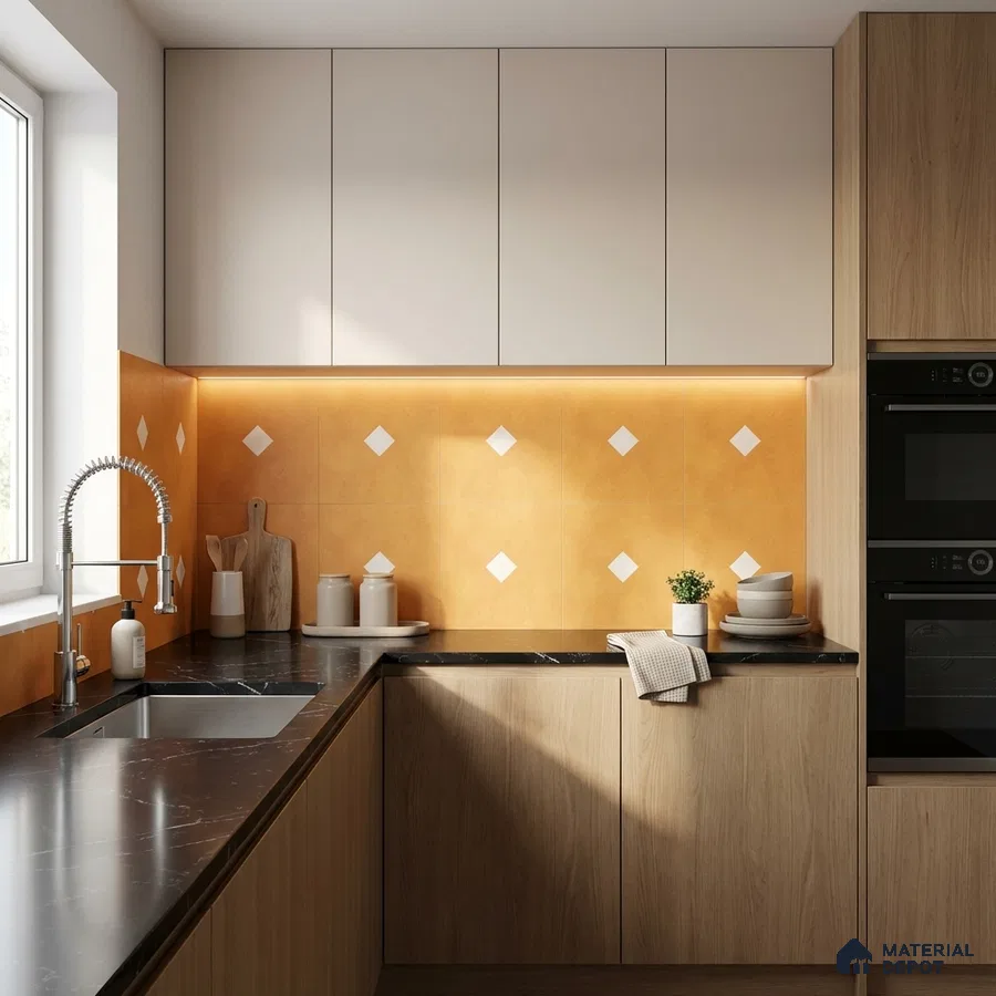 Modern kitchen with light wood laminate, matte white laminate, black marble countertop, and orange geometric backsplash tile