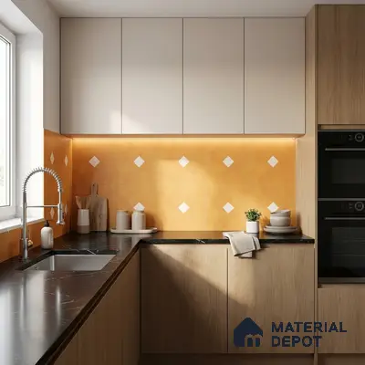 Modern kitchen with light wood laminate, matte white laminate, black marble countertop, and orange geometric backsplash tile
