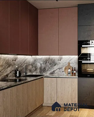 Modern Kitchen with Marble Backsplash and Earthy Tones | Material Depot