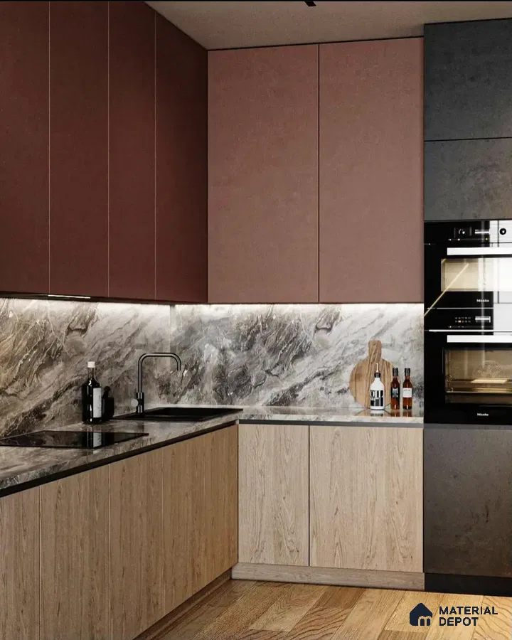 Modern Kitchen with Marble Backsplash and Earthy Tones | Material Depot