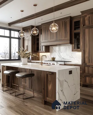 Modern Kitchen with Marble Countertops and Dark Wood Cabinetry | Material Depot