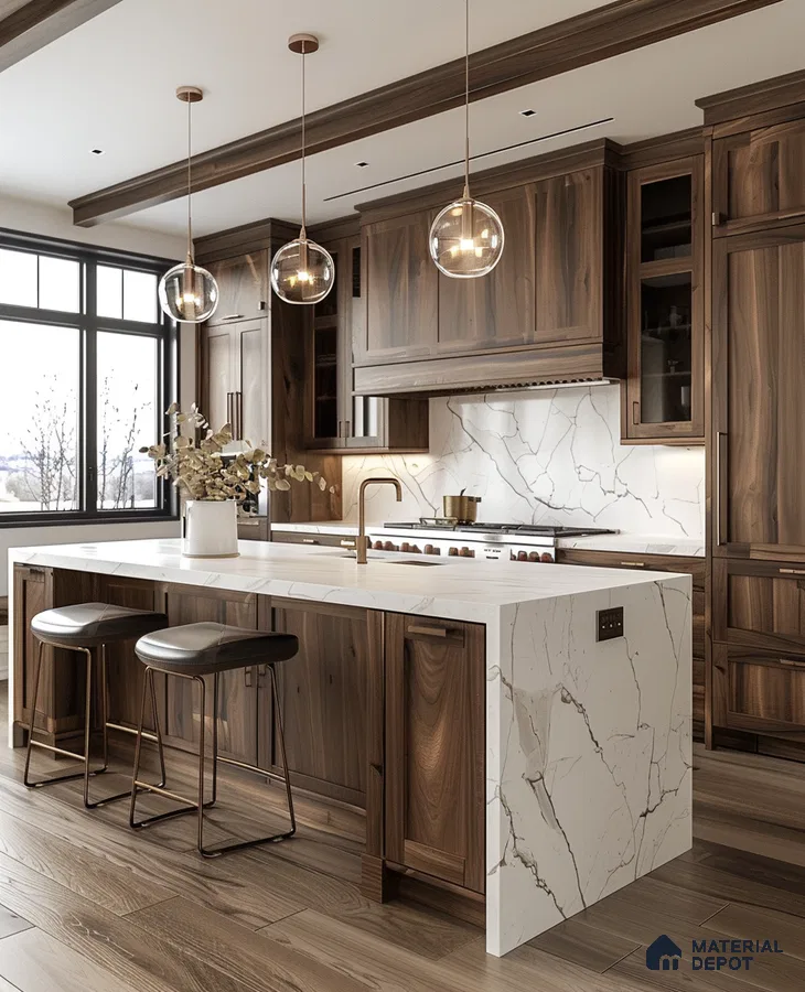 Modern Kitchen with Marble Countertops and Dark Wood Cabinetry | Material Depot