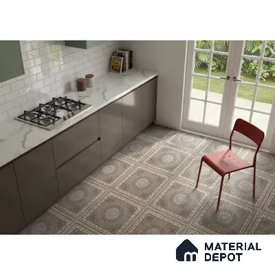 Modern kitchen with marble-look countertop, glossy taupe laminate cabinets, and patterned moroccan floor tiles in Bengaluru