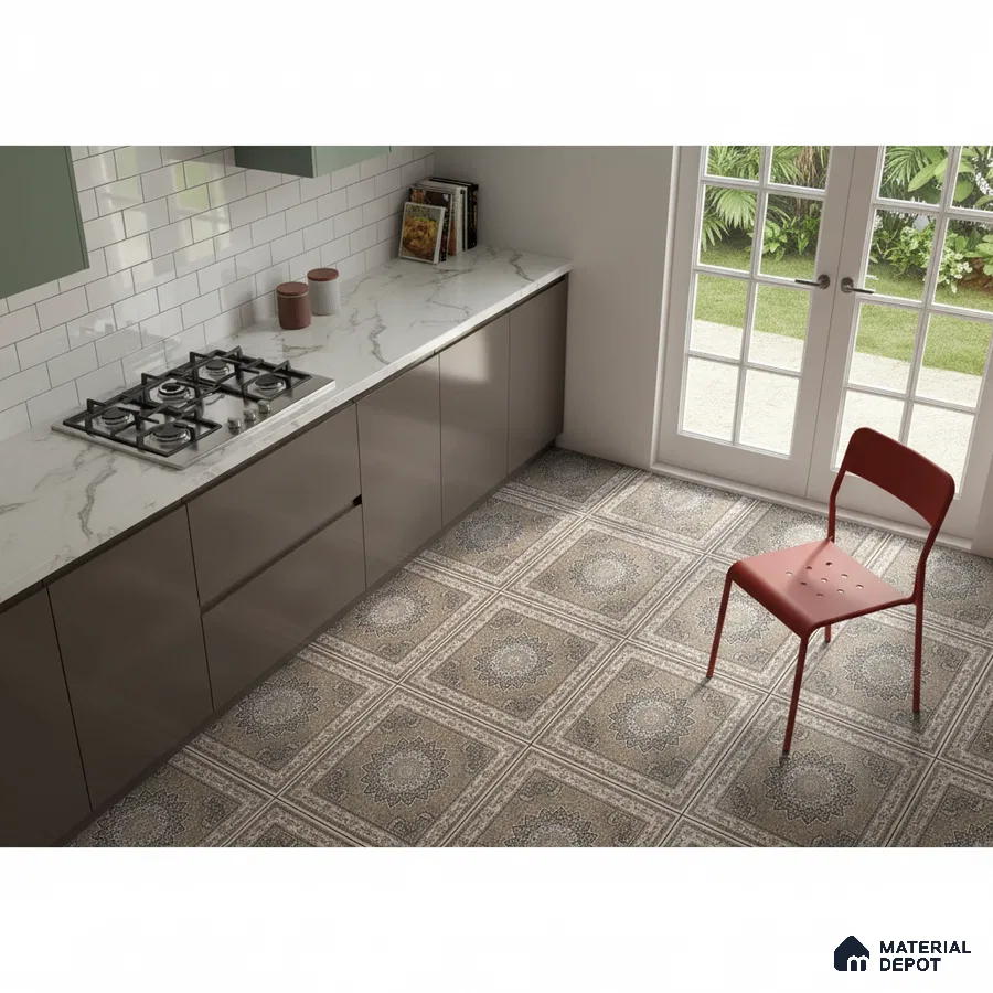 Modern kitchen with marble-look countertop, glossy taupe laminate cabinets, and patterned moroccan floor tiles in Bengaluru