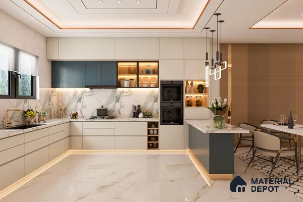 Modern kitchen with marble-look quartz countertop, cream and blue laminate, and marble floor tile in Bengaluru | Material Depot
