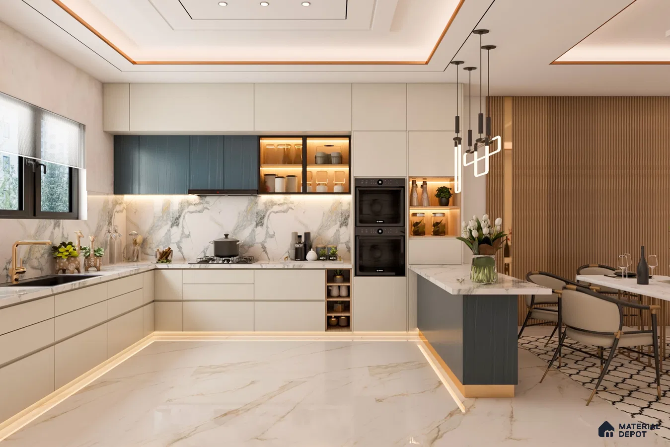 Modern kitchen with marble-look quartz countertop, cream and blue laminate, and marble floor tile in Bengaluru | Material Depot