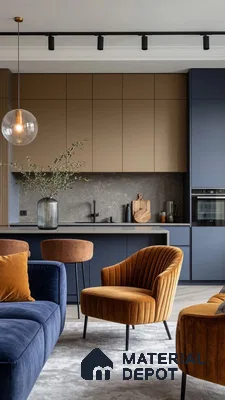Modern kitchen with matte beige and navy blue laminate, grey stone backsplash, and velvet upholstery in Bengaluru | Material Depot