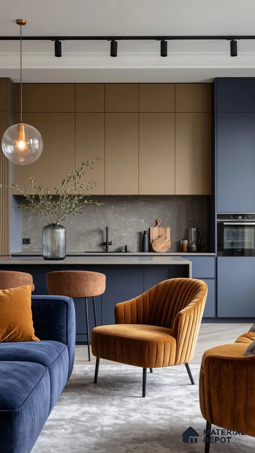 Modern kitchen with matte beige and navy blue laminate, grey stone backsplash, and velvet upholstery in Bengaluru | Material Depot