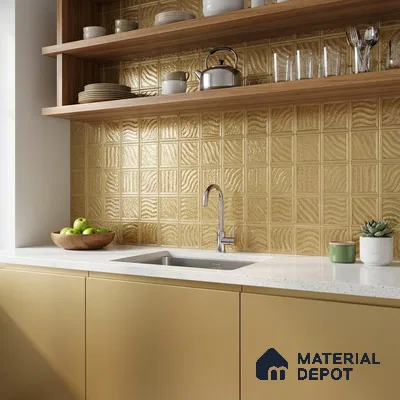 Modern kitchen with matte beige laminate cabinets, white quartz countertop, and gold geometric textured backsplash tiles