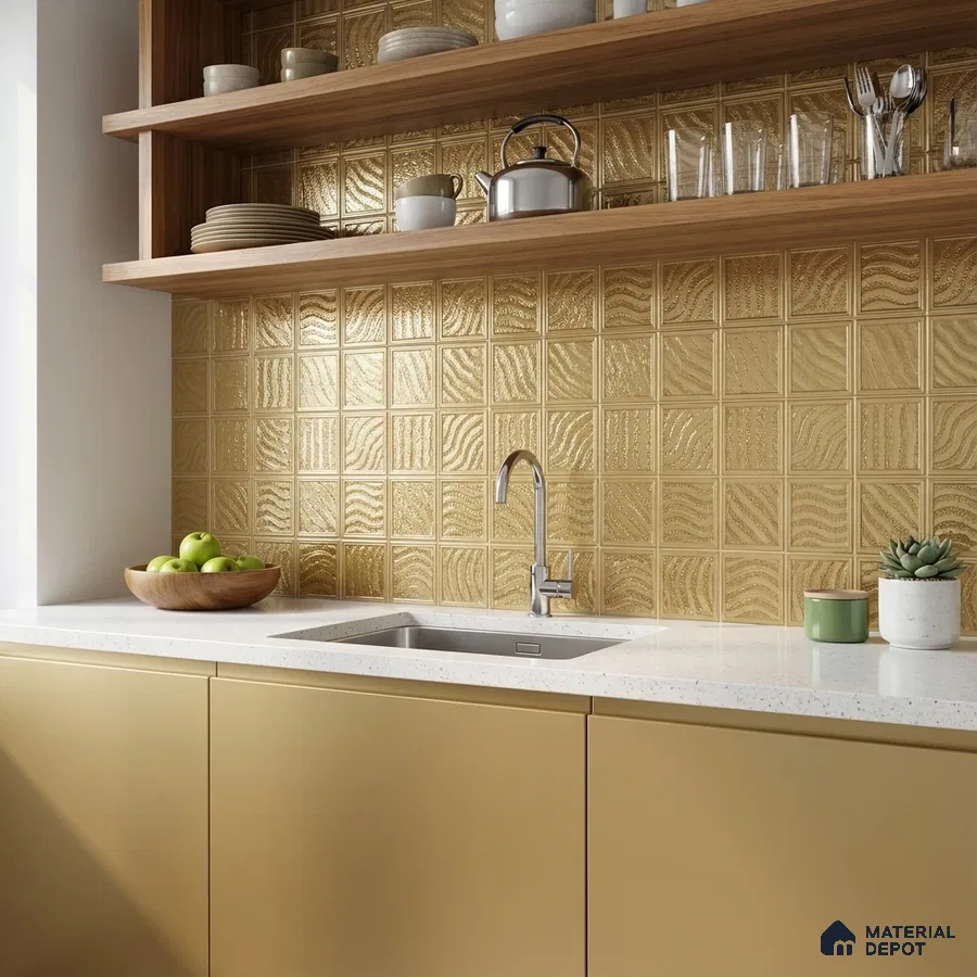 Modern kitchen with matte beige laminate cabinets, white quartz countertop, and gold geometric textured backsplash tiles