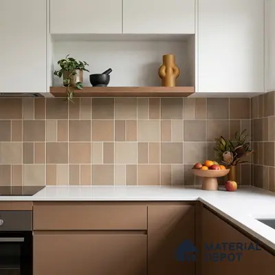 Modern kitchen with matte beige laminate cabinets, white quartz countertop, and taupe geometric backsplash tiles