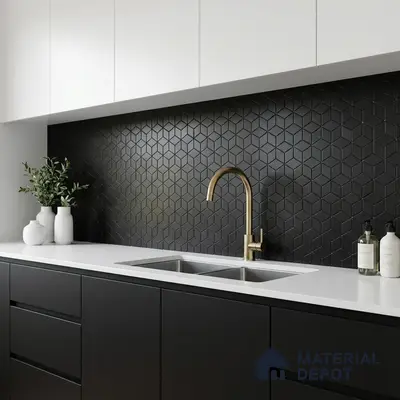 Modern kitchen with matte black hexagonal backsplash tile, white quartz countertop, and black laminate cabinets