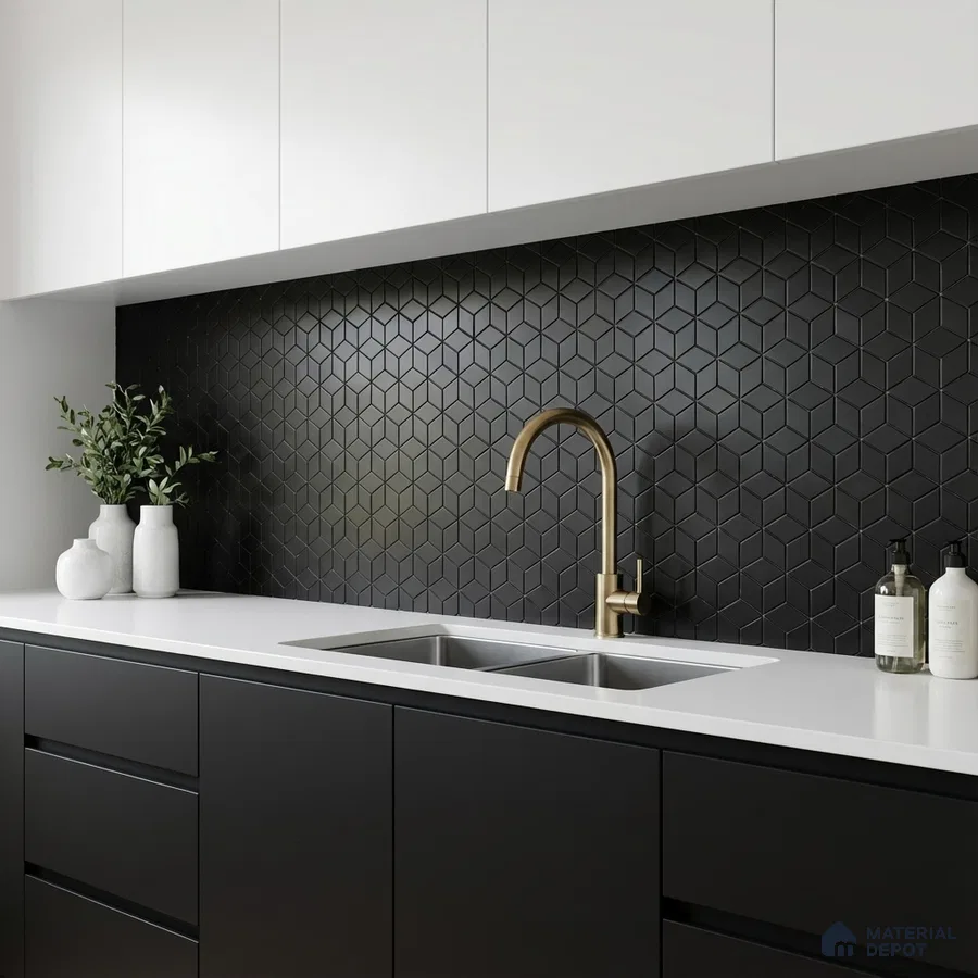 Modern kitchen with matte black hexagonal backsplash tile, white quartz countertop, and black laminate cabinets