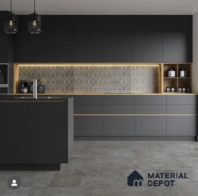 Modern kitchen with matte black laminate cabinets, geometric backsplash tile, and grey stone floor tiles in Bengaluru | Material Depot