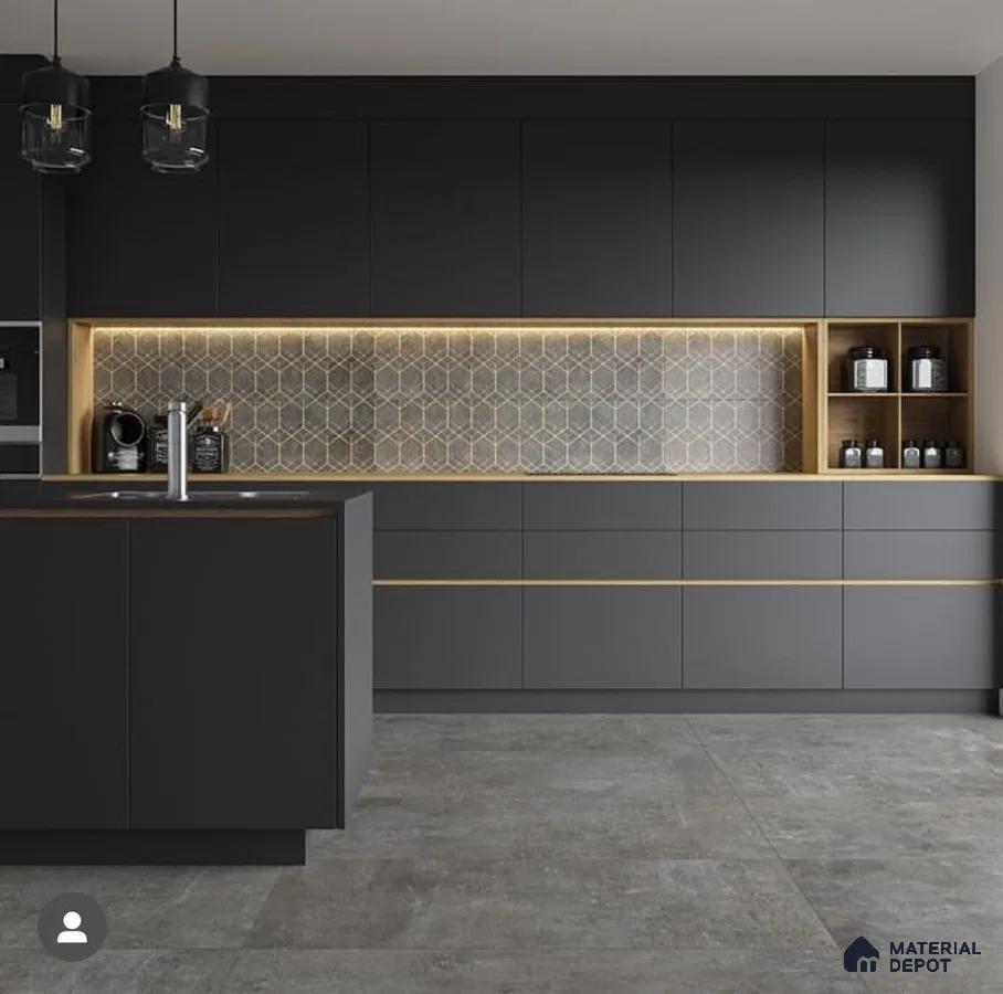 Modern kitchen with matte black laminate cabinets, geometric backsplash tile, and grey stone floor tiles in Bengaluru | Material Depot