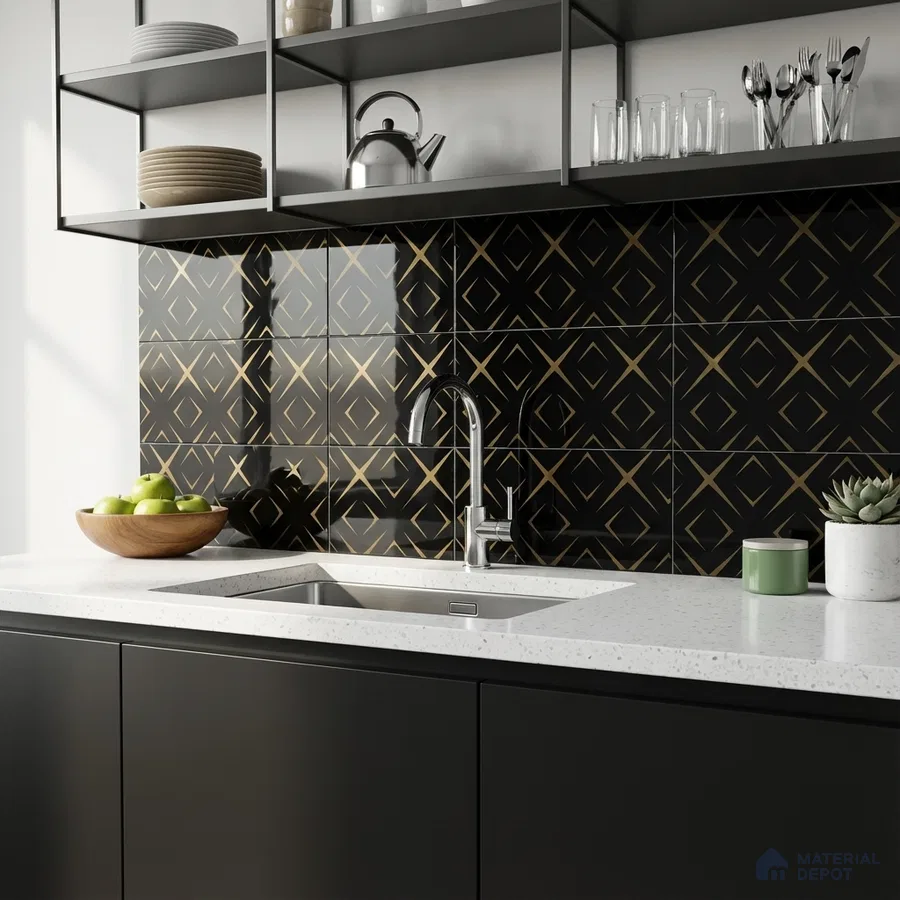 Modern kitchen with matte black laminate cabinets, white quartz countertop, and black geometric gold patterned backsplash tiles