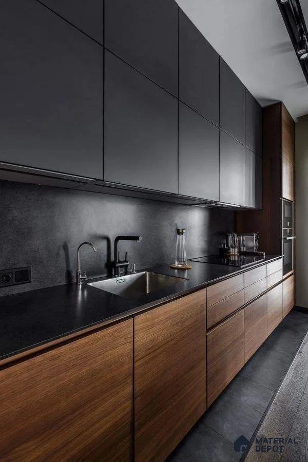 Modern kitchen with matte black laminate, walnut wood laminate, and black stone countertop in Bengaluru | Material Depot