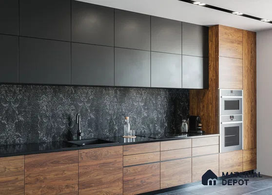 Modern kitchen with matte black laminate, walnut wood laminate, and textured black backsplash tile in Bengaluru | Material Depot
