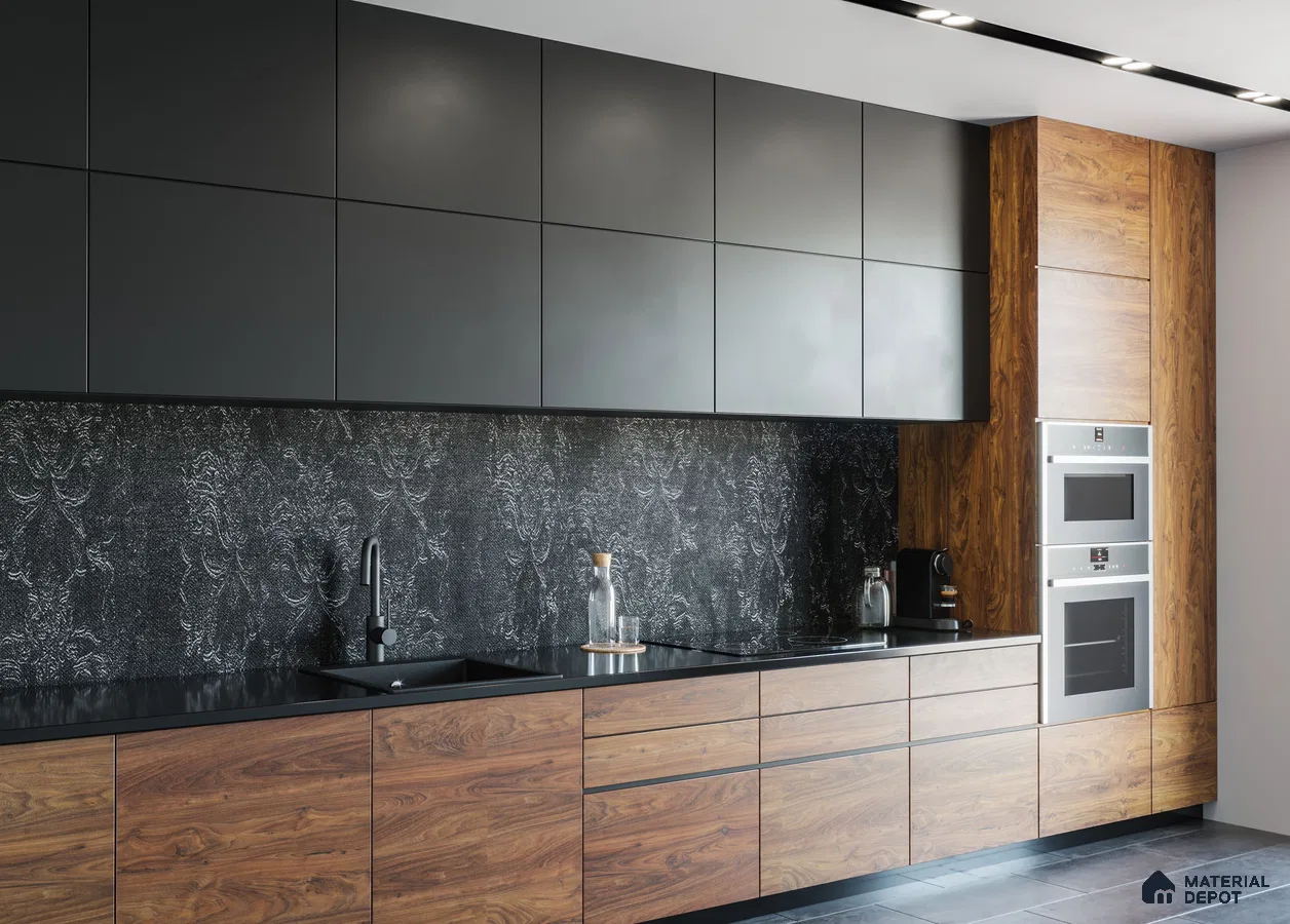 Modern kitchen with matte black laminate, walnut wood laminate, and textured black backsplash tile in Bengaluru | Material Depot