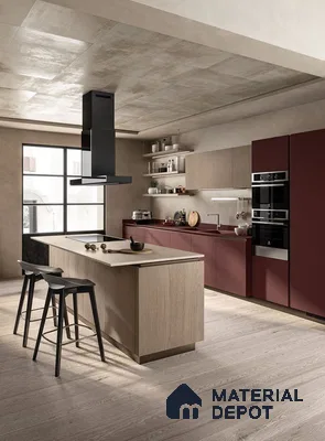 Modern kitchen with matte burgundy laminate cabinets and light oak wood island in Bengaluru | Material Depot