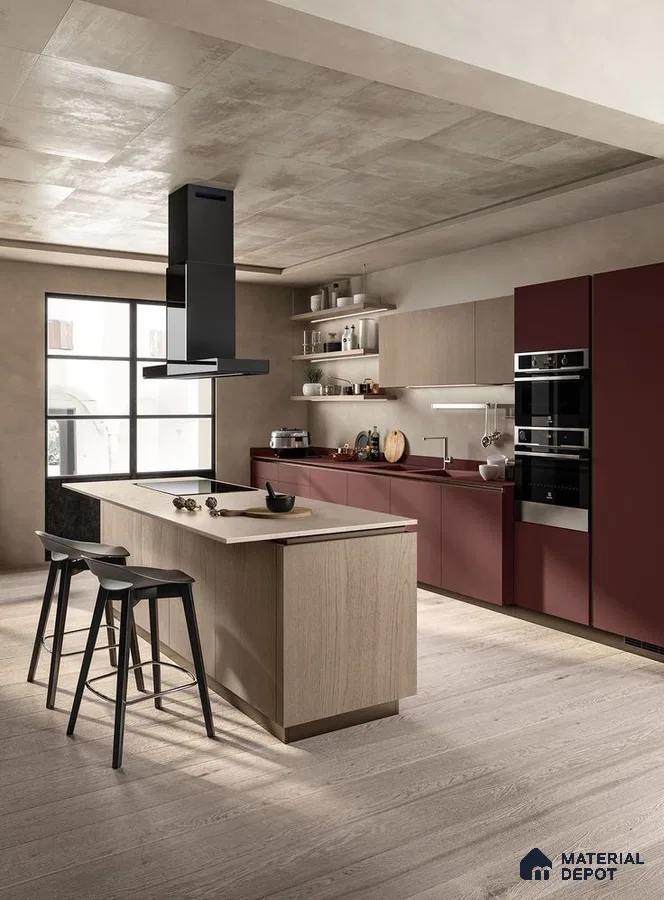 Modern kitchen with matte burgundy laminate cabinets and light oak wood island in Bengaluru | Material Depot