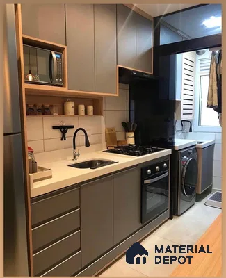 Modern kitchen with matte grey and light oak laminate, white quartz countertop, and integrated utility area in Bengaluru | Material Depot