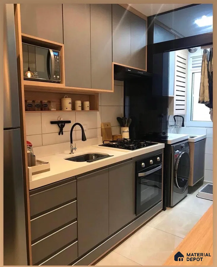 Modern kitchen with matte grey and light oak laminate, white quartz countertop, and integrated utility area in Bengaluru | Material Depot