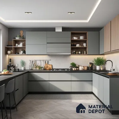 Modern kitchen with matte grey and light wood laminate, black quartz countertop, and herringbone wooden floor tile in Bengaluru | Material Depot