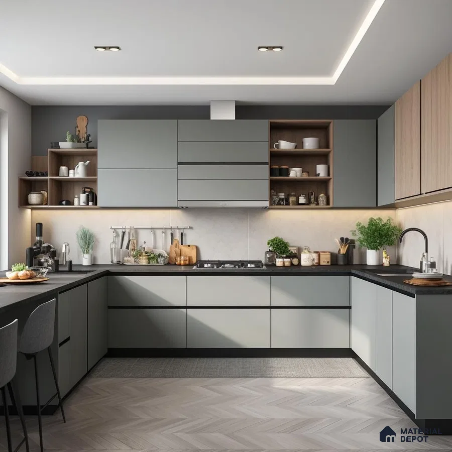 Modern kitchen with matte grey and light wood laminate, black quartz countertop, and herringbone wooden floor tile in Bengaluru | Material Depot