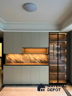 Modern Kitchen With Matte Grey Cabinets And Marble Backsplash | Material Depot