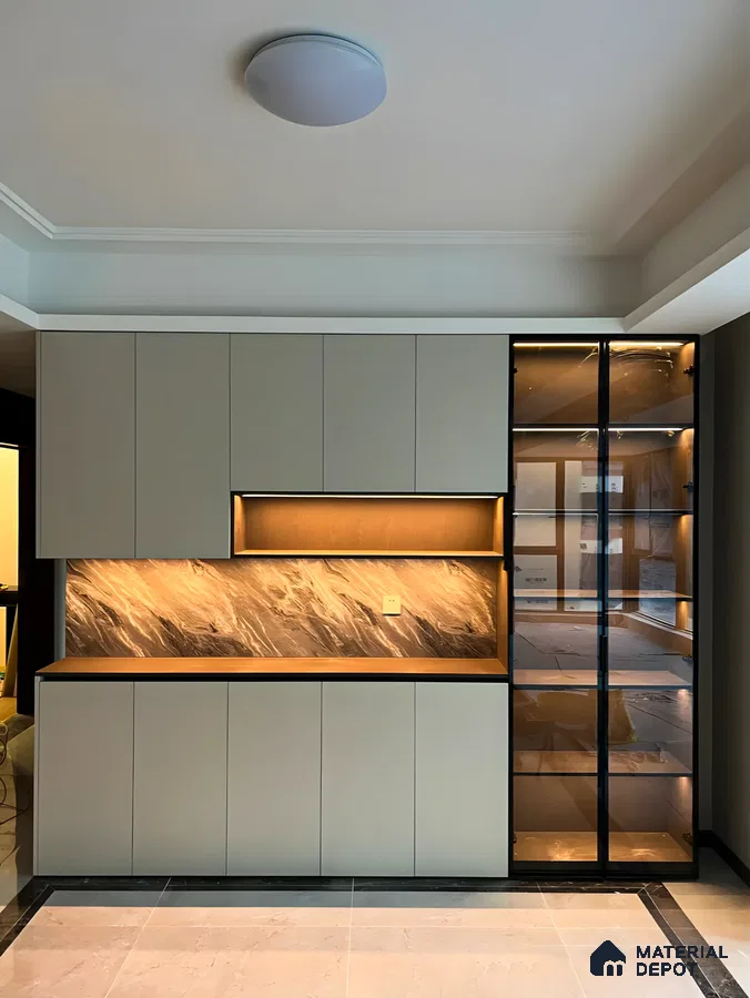 Modern Kitchen With Matte Grey Cabinets And Marble Backsplash | Material Depot
