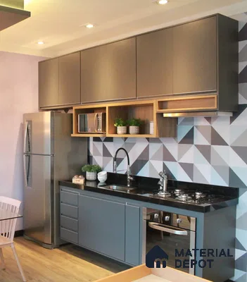 Modern kitchen with matte grey laminate cabinets, black granite countertop, and geometric patterned backsplash tile in Bengaluru | Material Depot
