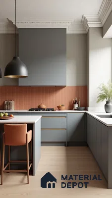Modern kitchen with matte grey laminate cabinets, terracotta vertical tile backsplash, and white quartz countertop in Bengaluru | Material Depot