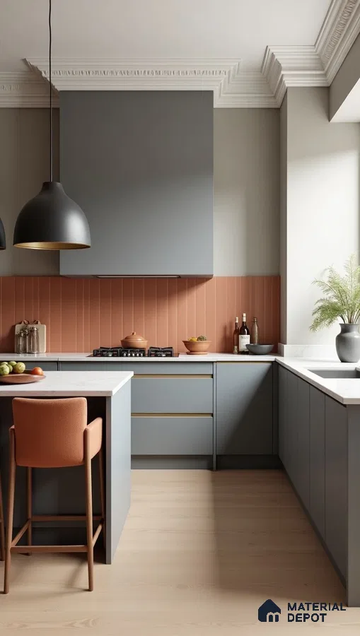 Modern kitchen with matte grey laminate cabinets, terracotta vertical tile backsplash, and white quartz countertop in Bengaluru | Material Depot