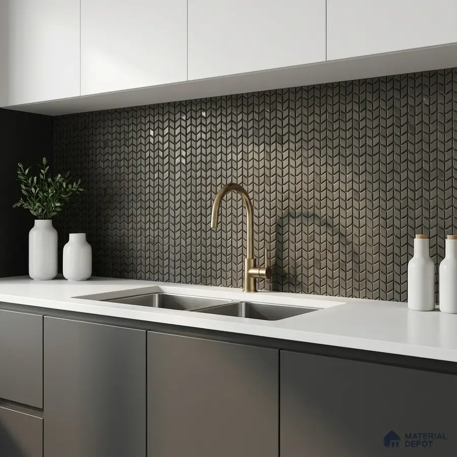 Modern kitchen with matte grey laminate cabinets, white quartz countertop, and geometric metallic chevron backsplash tile