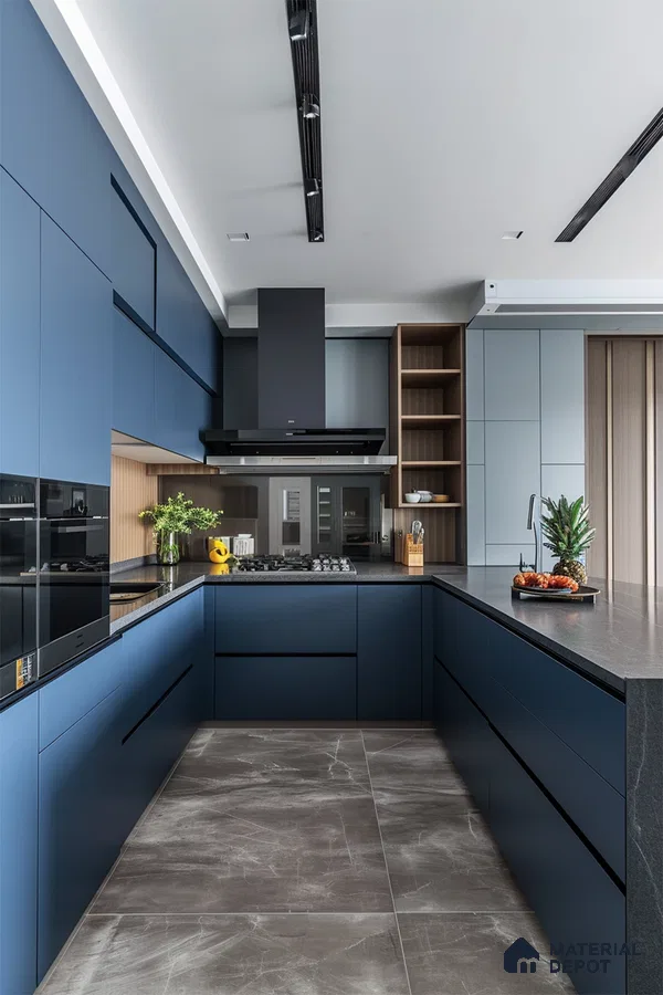 Modern kitchen with matte navy blue laminate cabinets, black quartz countertop, and grey marble floor tiles in Bengaluru | Material Depot