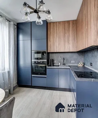 Modern kitchen with matte navy blue laminate, walnut wood laminate, and grey stone backsplash in Bengaluru | Material Depot