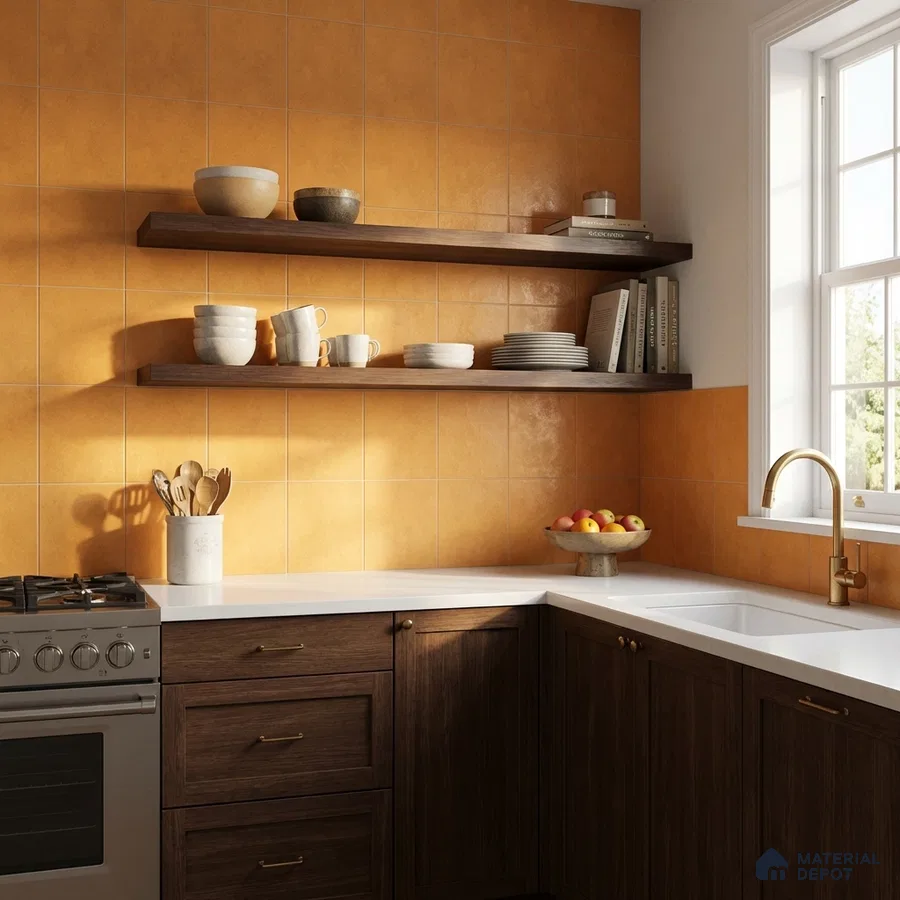 Modern kitchen with matte orange wall tiles, walnut wood laminate cabinets, and white quartz countertop