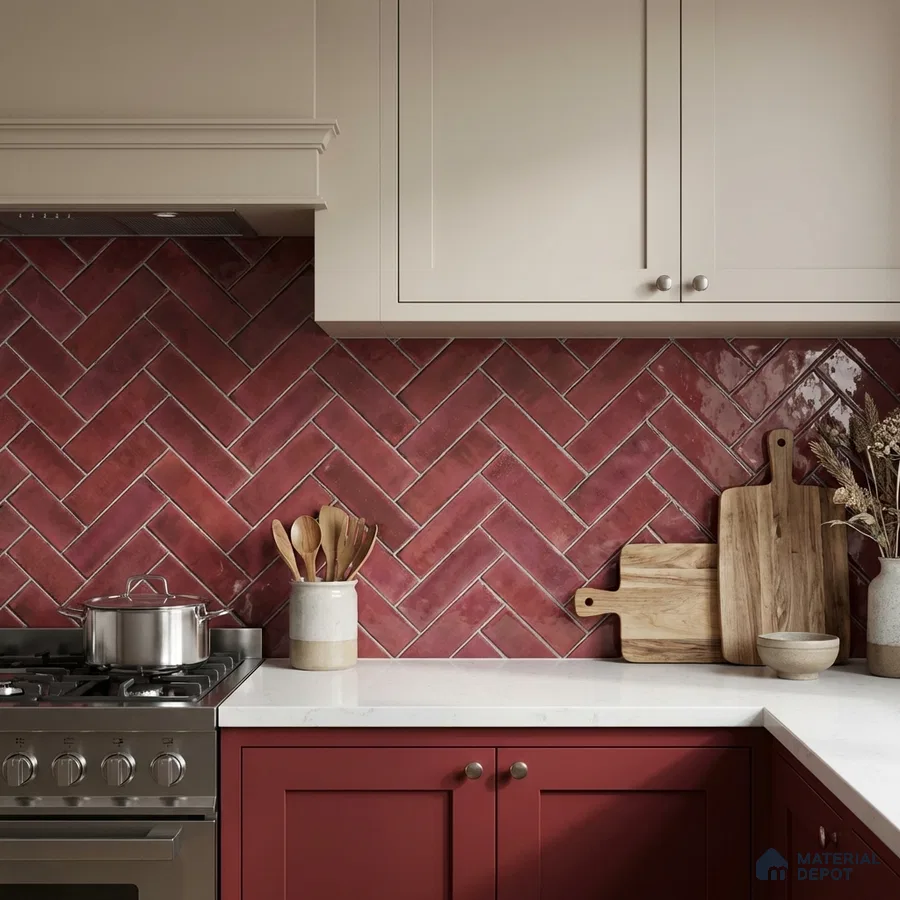 Modern kitchen with matte red herringbone subway tile backsplash and white quartz countertop