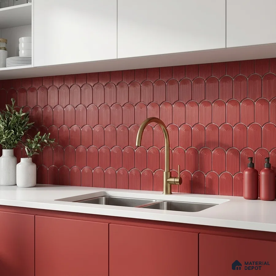 Modern kitchen with matte red laminate cabinets, white quartz countertop, and scallop fluted red backsplash tiles