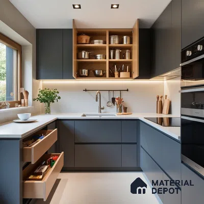 Modern kitchen with matte slate grey laminate, white quartz countertop, and light oak laminate accents in Bengaluru | Material Depot