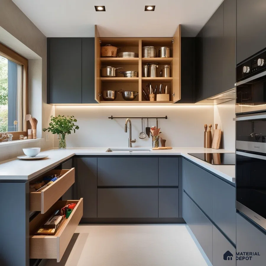Modern kitchen with matte slate grey laminate, white quartz countertop, and light oak laminate accents in Bengaluru | Material Depot