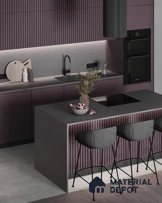 Modern kitchen with mauve fluted laminate, grey terrazzo countertop, and matte black fixtures in Bengaluru | Material Depot
