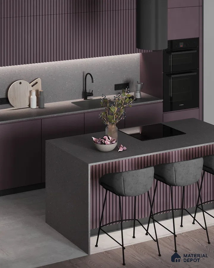 Modern kitchen with mauve fluted laminate, grey terrazzo countertop, and matte black fixtures in Bengaluru | Material Depot