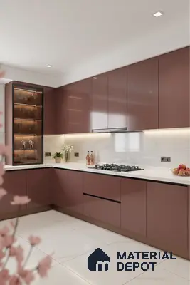 Modern kitchen with mauve high gloss laminate cabinets and white marble-look quartz countertop in Bengaluru